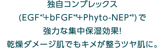 独自コンプレックス(EGF*7+bFGF*8+Phyto-NEP*9)で強力な集中保湿効果!乾燥ダメージ肌でもキメが整うツヤ肌に。