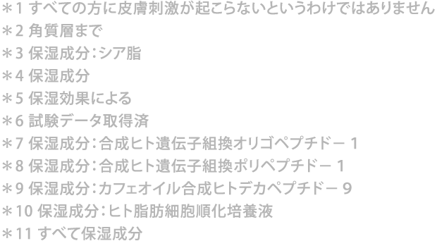 *1 すべての方に皮膚刺激が起こらないというわけではありません*2 角質層まで*3 保湿成分:シア脂*4 保湿成分*5 保湿効果による*6 試験データ取得済*7 保湿成分:合成ヒト遺伝子組換オリゴペプチド-1*8 保湿成分:合成ヒト遺伝子組換ポリペプチド-1*9 保湿成分:カフェオイル合成ヒトデカペプチド-9*10 保湿成分:ヒト脂肪細胞順化培養液*11 すべて保湿成分