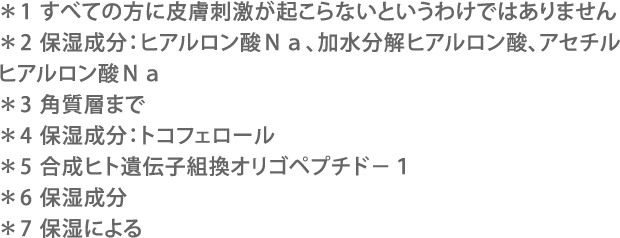 *1 すべての方に皮膚刺激が起こらないというわけではありません *2 保湿成分:ヒアルロン酸Na、加水分解ヒアルロン酸、アセチルヒアルロン酸Na *3 角質層まで *4 保湿成分:トコフェロール *5 合成ヒト遺伝子組換オリゴペプチド-1 *6 保湿成分 *7 保湿による